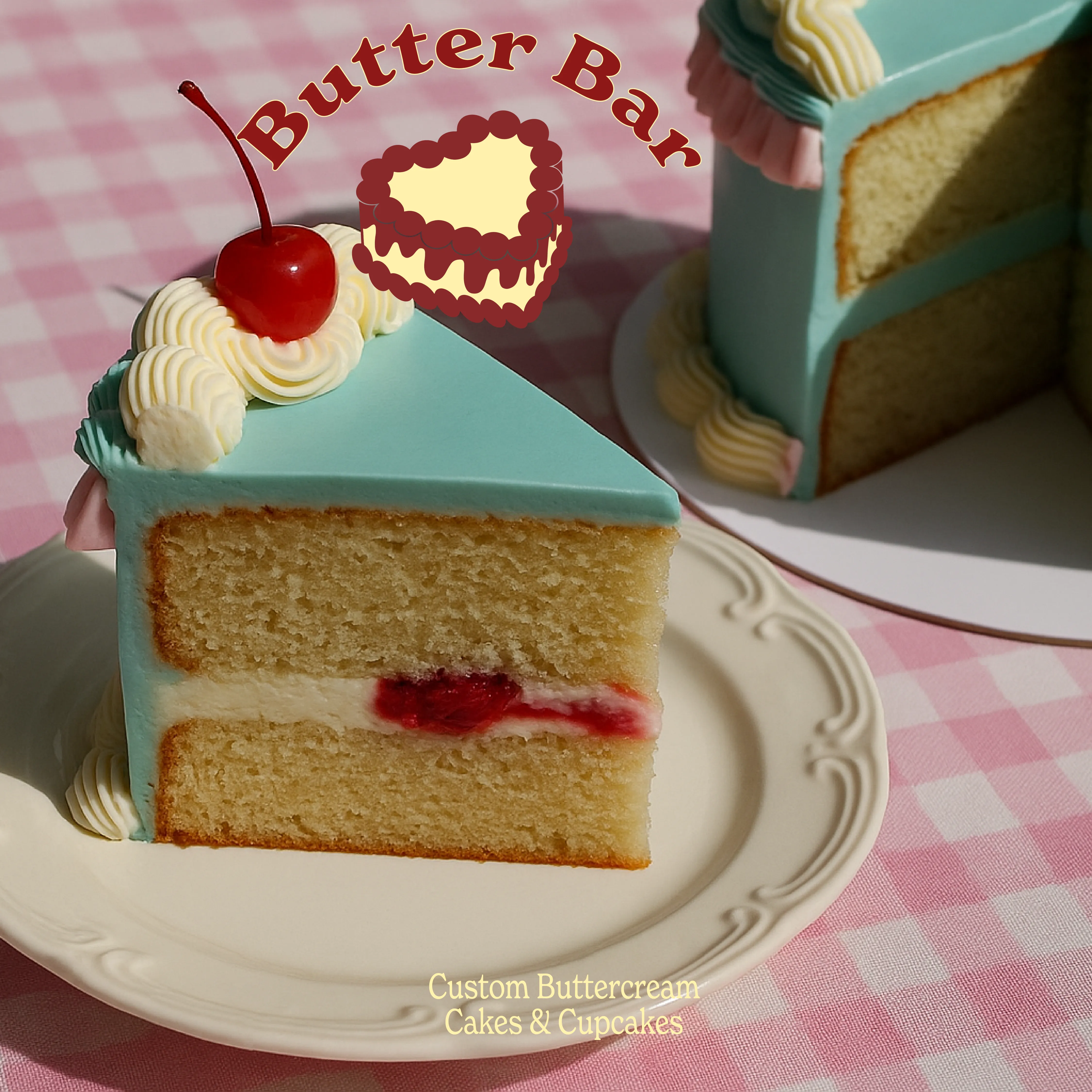 A mint-iced vanilla layer cake with cream and a cherry, on a pink gingham cloth